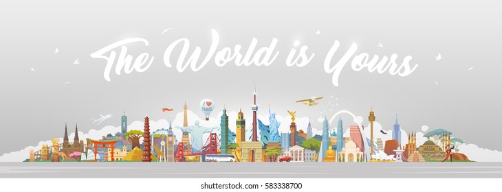 Travel to World. Road trip. Big set of famous landmarks of the world. Concept website template. Vector illustration. Web banner. Modern flat design. #3