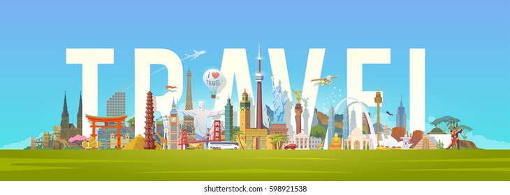 Travel to World. Road trip. Big set of famous landmarks of the world. Concept website template. Vector illustration. Web banner. Modern flat design. #4