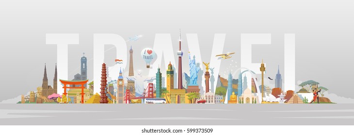 Travel To World. Road Trip. Big Set Of Famous Landmarks Of The World. Concept Website Template. Vector Illustration. Web Banner. Modern Flat Design. #5