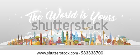 Travel to World. Road trip. Big set of famous landmarks of the world. Concept website template. Vector illustration. Web banner. Modern flat design. #3