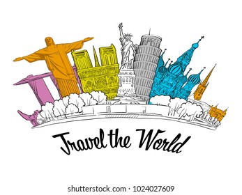 Travel the World. Road trip. Tourism sketch concept with landmarks. Travelling vector illustration. Hand-drawn modern illustration.