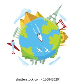 Travel to World. Road trip. Tourism. Landmarks on the globe. 