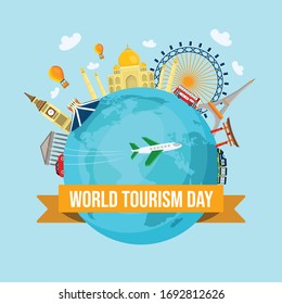 Travel to World. Road trip. Tourism. Landmarks on the globe. Concept website template. Vector illustration. Modern flat design.