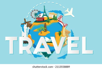 Travel to World. Road trip. Tourism. Travelling vector banner background. The World is Yours! Modern flat design.