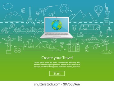 Travel to World. Road trip. Tourism. Landmarks on the globe. Concept website template. Modern outline design.