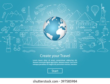 Travel To World. Road Trip. Tourism. Landmarks On The Globe. Concept Website Template. Modern Outline Design.