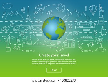 Travel to World. Road trip. Tourism. Landmarks on the globe. Concept website template. Modern outline design.