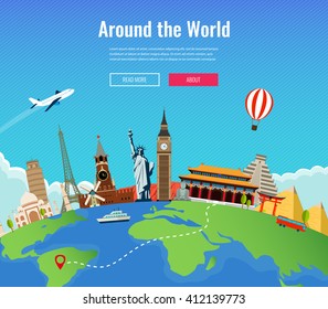 Travel to World. Road trip. Tourism. Landmarks on the globe. Concept website template. Vector illustration. Modern flat design.