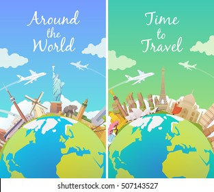 Travel to World. Road trip. Tourism. Landmarks on the globe. Vertical vector web banners. Modern flat design.