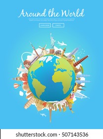 Travel to World. Road trip. Tourism. Landmarks on the globe. Concept website banner. Vector illustration. Modern flat design.
