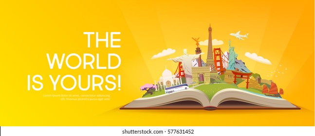 Travel to World. Road trip. Tourism. Open book with landmarks. Travelling vector banner. The World is Yours! Modern flat design. #8