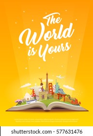 Travel to World. Road trip. Tourism. Open book with landmarks. Travelling vector vertical banner. The World is Yours! Modern flat design. #5