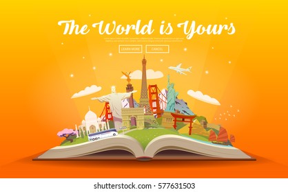 Travel to World. Road trip. Tourism. Open book with landmarks. Travelling vector illustration. The World is Yours! Modern flat design. #3