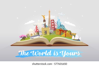 Travel to World. Road trip. Tourism. Open book with landmarks. Travelling vector illustration. The World is Yours! Modern flat design. #6
