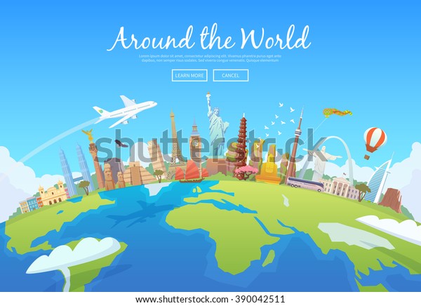 Travel to World. Road trip. Tourism. Landmarks on\
the globe. Concept website template. Vector illustration. Modern\
flat design.