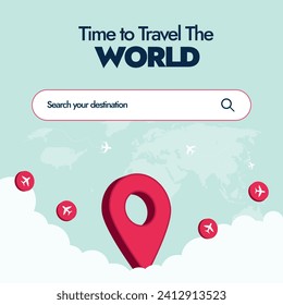 Travel the world, search you destination. Travel agency, company promotion banner with location icons for destination and airplane icons. World tour concept. Travelling advertising post template.