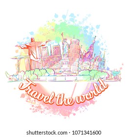 Travel the world. Sentence with skyline. Hand drawn vector illustration. Travel concept for digital marketing and poster prints.