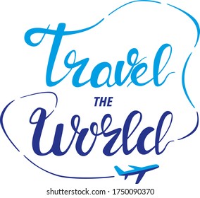 travel the world and the seven seas | text lettering style of blue colour with a plane icon 