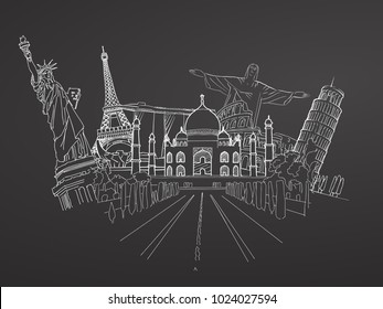 Travel to World. Sketch on Chalkboard. Road trip. Tourism sketch concept with landmarks. Travelling vector illustration. Hand-drawn modern design.