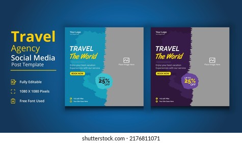 Travel The World Social Media Template, Travel Agency Social Media Post Template, Travel Social Media Banner Post