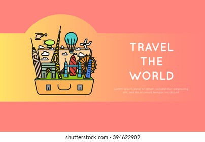 travel the world. suitcase with landmarks. flat and line style vector illustration. website template banner