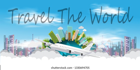 Travel The World Text  - Plane and Cloud - Building in the city -modern Idea and Concept - Vector