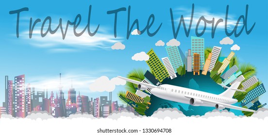 Travel The World Text  - Plane and Cloud - Building in the city -modern Idea and Concept - Vector