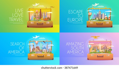 Travel to World. Tourism to America. Asia. Europe. . Open suitcase with landmarks. Travel vector banners. Flat style.