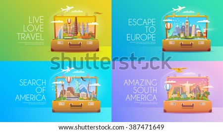 Travel to World. Tourism to America. Asia. Europe. . Open suitcase with landmarks. Travel vector banners. Flat style.