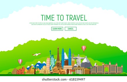 Travel to World. Tourism. Set of famous landmarks. Concept website template. Web banner. Vector illustration. Modern flat design.