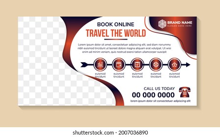 Travel the world tours banner template, horizontal advertising business banner layout template gradient design set , clean abstract cover header background for website design. space for photo.