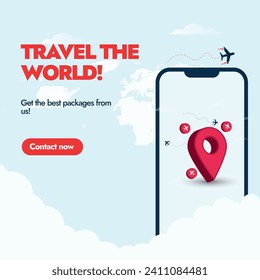 Travel the world, travelling company promotion banner. Travel the world, get the best packages. Travelling agency advertising banner with a mobile phone screen having a location and airplane icons.