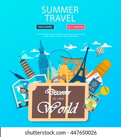 Travel to World. Vacation. Road trip. Tourism. Journey. Architectural landmarks of the world. Modern flat design.  EPS 10. Colorful.