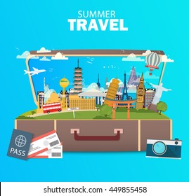 Travel to World. Vacation. Tourism. Banner. Open suitcase with landmarks. Journey. Modern flat design. EPS 10. Colorful.
