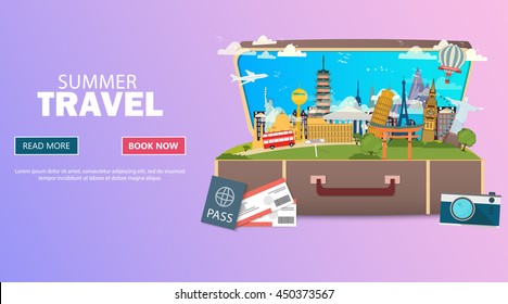 Travel to World. Vacation. Tourism. Banner. Open suitcase with landmarks. Journey. Modern flat design. EPS 10. Colorful.