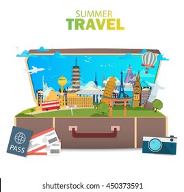 Travel to World. Vacation. Tourism. Banner. Open suitcase with landmarks. Journey. Modern flat design. EPS 10. Colorful.