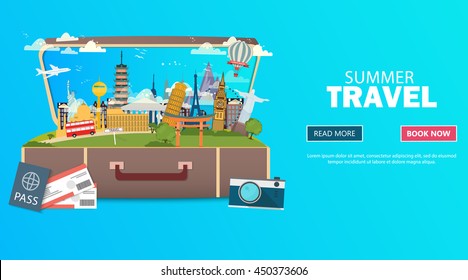 Travel to World. Vacation. Tourism. Banner. Open suitcase with landmarks. Journey. Modern flat design. EPS 10. Colorful.