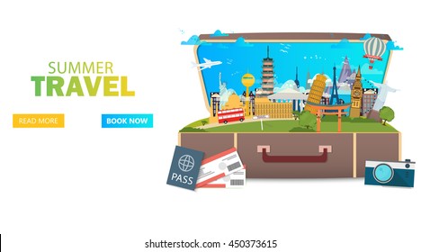 Travel to World. Vacation. Tourism. Banner. Open suitcase with landmarks. Journey. Modern flat design. EPS 10. Colorful.