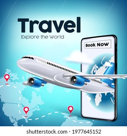 Travel world vector banner design. Travel and book now text in mobile app with airplane transportation element for flight online booking background. Vector illustration
