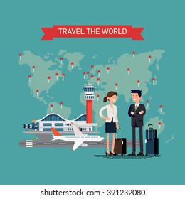 Travel the world vector concept illustration with abstract simplified world map with pins, airport terminal with jet airplane on runway and couple of people with luggage standing smiling