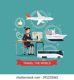 Travel the world vector concept layout with travel agency female character and tourism transport elements airway plane liner, seaway cruise passenger ship and coach bus 