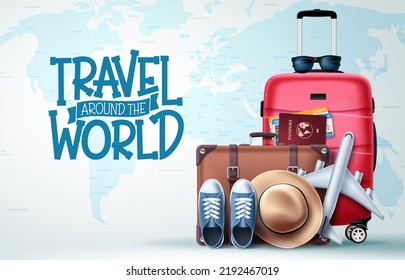 Travel world vector design. Travel around the world text in empty space map background with traveler elements for international vacation flight. Vector Illustration.