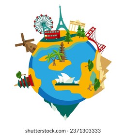 Travel the world vector design. Travel around the world text with traveler suitcase elements and worldwide landmarks destination for trip and tour vacation. Vector illustration