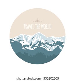 Travel the world. Vector illustration on flat style. Adventure motivation. Hand drawn snowy mountains landscape. Beautiful geometric background