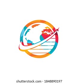 Plantilla de diseño del logotipo vectorial del mundo del viaje. Símbolo o icono del avión y del mundo.