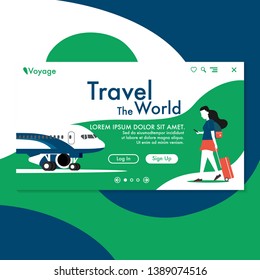 Travel the world  website template concept- airplane in the parking position with a traveler woman with luggage walking with mobile phone and  copy space for text-Travel the World
