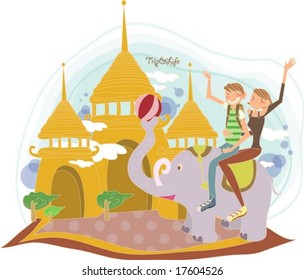 Travel Worldwide - enjoying happy asian tour with smiling young couple and cute animal show on a background of beautiful blue sky and bright white clouds : vector illustration