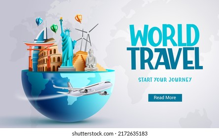 Travel worldwide vector background design. Travel world text with worldwide tourist destination landmark in globe element for journey adventure trip. Vector illustration.
