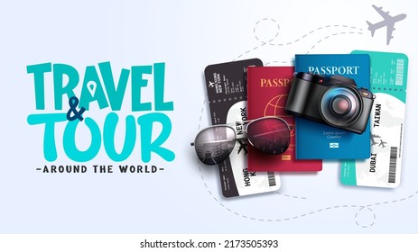 Travel worldwide vector background design. Travel and tour text with camera, tickets and sunglasses tourist elements for vacation explore and adventure. Vector illustration.
