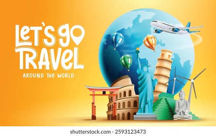 Travel worldwide vector background design. Travel the world text with famous tourist destination landmark and globe elements for worldwide tourism visit. Vector illustration.
